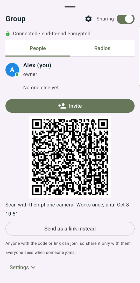An invite: scan the QR code, or send it as a link